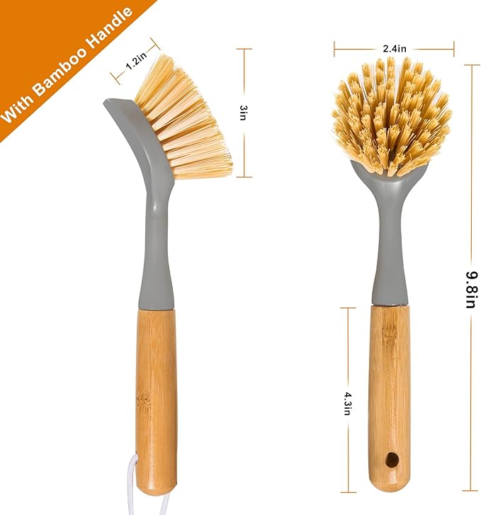 2 Pack Dish Brushes with Bamboo Handle, Kitchen Dish Scrubber Built-in Scraper, Scrub Brush for Pans, Pots, Counter & Kitchen Sink Cleaning, Dishwashing and Cleaning, Perfect Cleaning Tools, Gray - Image 5