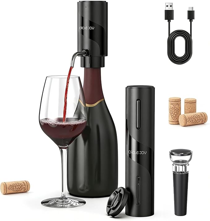 CIRCLE JOY 5-in-1 Electric Wine Bottle Opener Set, Rechargeable Wine Opener Kit, Cordless Wine Gift Set with Foil Cutter, Electric Aerator & Pourer and Vacuum Stopper for Wine Lovers, Black by CIRCLEJOY