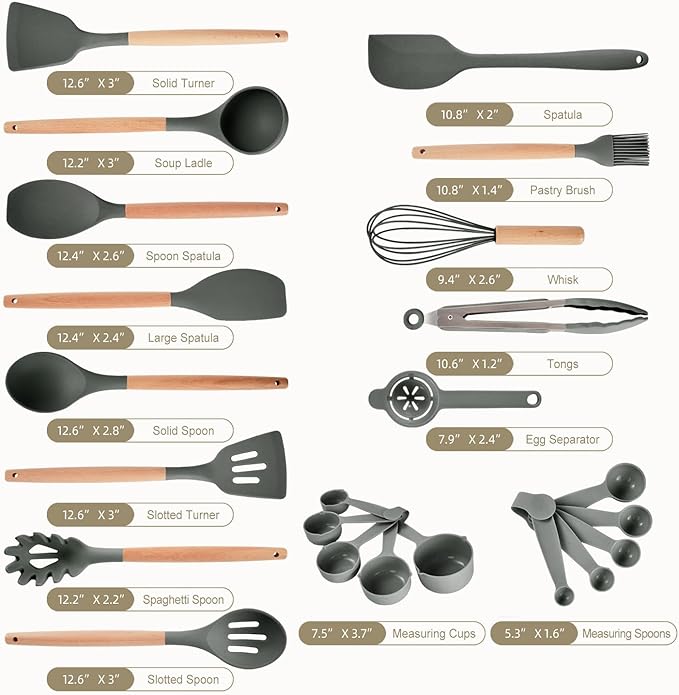 Kitchen Utensils Set - 34 PCS Non-Stick Silicone Cooking Utensils Set Spatula Set with Holder, Wooden Handle Spoon,Brush,Whisk Kitchen Gadgets Tools Set for Nonstick Cookware (Gray-34P) - Image 6