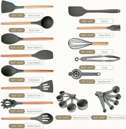 Kitchen Utensils Set - 34 PCS Non-Stick Silicone Cooking Utensils Set Spatula Set with Holder, Wooden Handle Spoon,Brush,Whisk Kitchen Gadgets Tools Set for Nonstick Cookware (Gray-34P) - Image 6