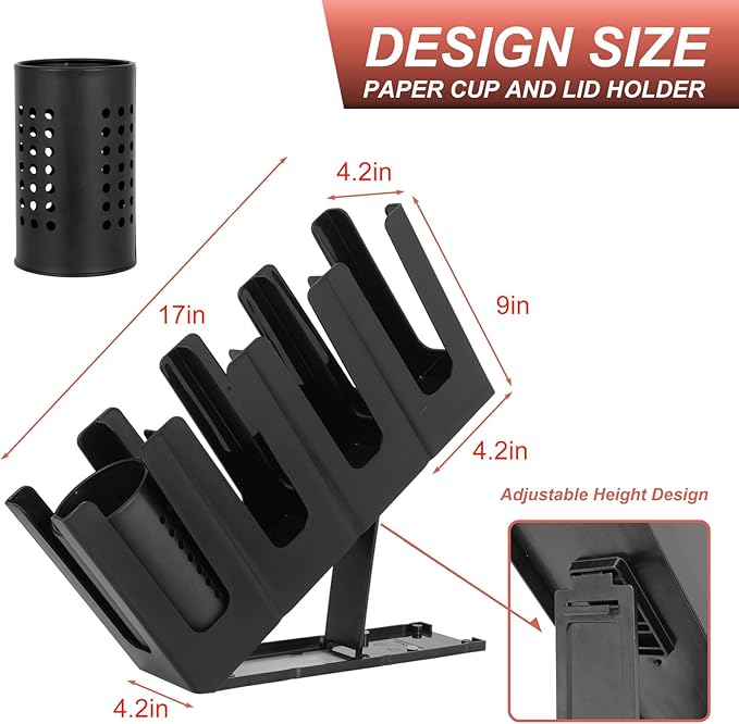 Paper Cup and Lid Holder with Straw Organizer,4 Compartment Adjusting,Coffee Cup Dispenser for Countertop,Coffees Station,Bar Restaurant,Black - Image 3