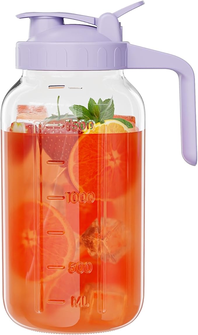 Glass Mason Jar Pitcher, 64 oz Wide Mouth Jug with Pour Spout Handle Lid for Cold Brew Coffee, Ice Beverage, Iced Juice, Lemonade, Sun Tea, Fruit Drinks Container(Purple) by Junvpic
