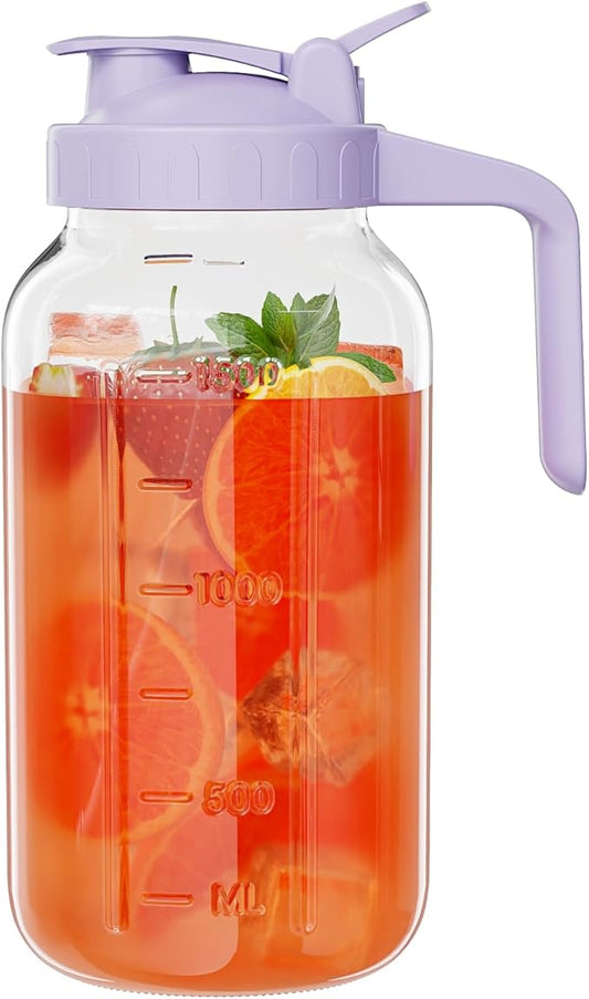 Glass Mason Jar Pitcher, 64 oz Wide Mouth Jug with Pour Spout Handle Lid for Cold Brew Coffee, Ice Beverage, Iced Juice, Lemonade, Sun Tea, Fruit Drinks Container(Purple) by Junvpic