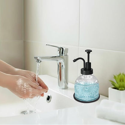 SheeChung Vintage Soap Dispenser, Kitchen Dish Soap Dispensers with Pump Mat, Glass Hand Soap Dispenser for Bathroom, Liquid, Lotion, Refillable, Rustic Farmhouse Decor-Clear (Black Pump, 1 pk)