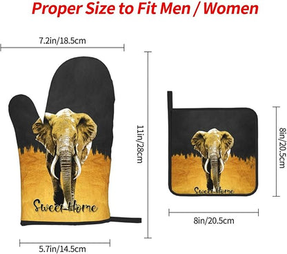 Elephant Oven Mitts and Pot Holders Sets of 3 Black Gold Hot Pads Oven Gloves Heat Resistant Non Slip Washable for Kitchen Cooking Grilling Baking - Image 4