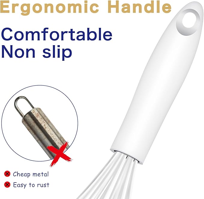 OYV White Silicone Whisk, Sealed Waterproof Design Set of 3, Professional Kitchen Whisks for Cooking Non-Scratch, Silicone&Stainless Steel Whisk, Heat Resistant 480°F Rubber wisk, BPA free - Image 5