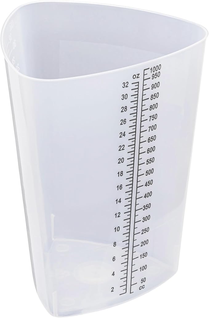 Vakly Plastic Graduated Triangular Intake Output Container [5 Pack] 32 ounce Three-Sided Translucent Laboratory Beaker for Measuring & Mixing - Clear Markings in oz & cc - for Specimen, Paint & Epoxy
