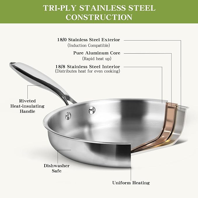 Triple Ply Stainless Steel Pots and Pans Set, EWFEN 12 Piece Induction Cookware Set, Oven Dishwasher Safe | Frying Pans, Saucepans, Saute Pan & Stock Pot, PFOA Free Kitchen Skillet - Image 5