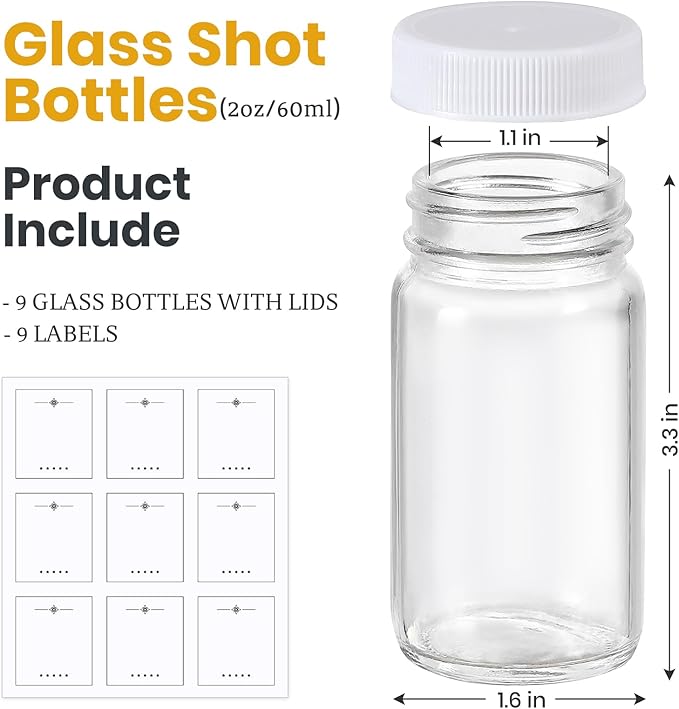 9 Pack 2 oz Glass Shot Bottles w/ White Lids & 9 Labels - Small Clear Jar for Ginger, Wellness Shot, Juice, Sample, Whiskey - Travel Essentials Mini Bottles - Wide Mouth, Leakproof, Dishwasher Safe - Image 2