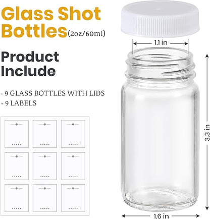 9 Pack 2 oz Glass Shot Bottles w/ White Lids & 9 Labels - Small Clear Jar for Ginger, Wellness Shot, Juice, Sample, Whiskey - Travel Essentials Mini Bottles - Wide Mouth, Leakproof, Dishwasher Safe - Image 2