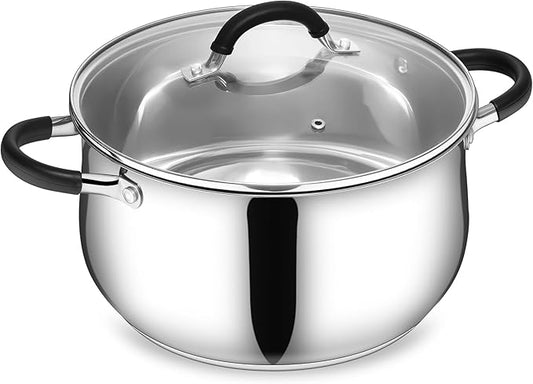 E-far Stainless Steel Stock Pot, 8 Quart Large Cooking Pot with Glass Lid for Boiling Pasta Soup Sauce, Tri-Ply Induction Thick Base for All Stoves, Cool-Touch Handles & Dishwasher Safe by E-far