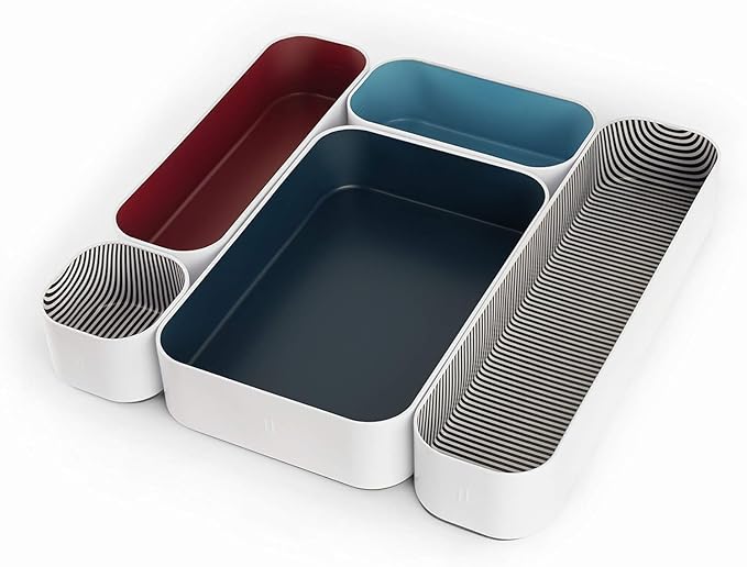 Three by Three Seattle 5 Piece Metal Organizer Tray Set for Storing Makeup, Stationery, Utensils, and More in Office Desk, Kitchen and Bathroom Drawers (2 Inch, Blue Berry and Stripes) by ThreebyThreeSeattle