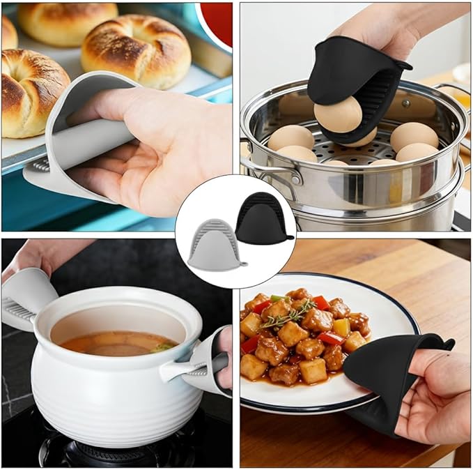4 PCS Silicone Oven Mitts Heat Resistant Mini Oven Gloves for Kitchen Rubber Air Fryer Mitts Oven Accessories Finger Cooking Pinch Mitts Pot Holders for Kitchen Cooking Baking Dishwasher, Black & Gray - Image 7