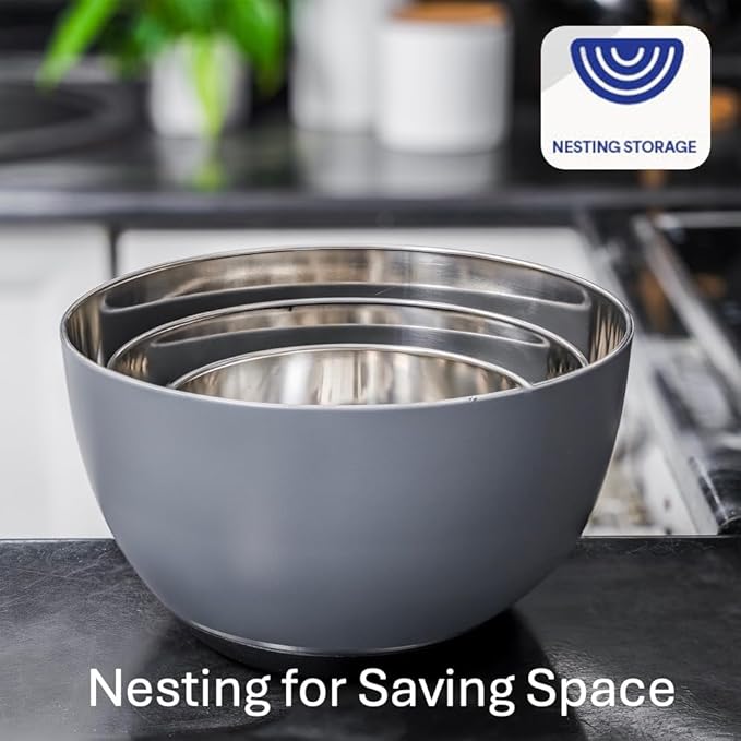 WHYSKO® Stainless Steel Mixing Bowls (Set of 3) with Non-Slip Silicone Base for Kitchen, Dishwasher Safe Bowls for Meal Prep, Cooking, Baking, Serving, Food Storage (Grey) - Image 4