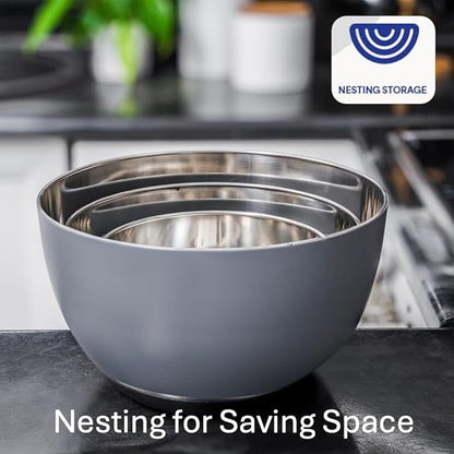 WHYSKO® Stainless Steel Mixing Bowls (Set of 3) with Non-Slip Silicone Base for Kitchen, Dishwasher Safe Bowls for Meal Prep, Cooking, Baking, Serving, Food Storage (Grey) - Image 4
