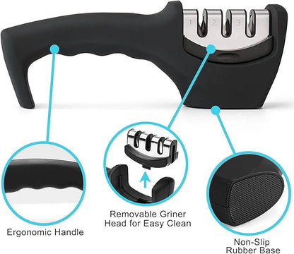 Elite Kitchen Knife Sharpener with 3 Stages, Professional Manual Blade Sharpening System, Ceramic Stone, Tungsten Carbide Plates, Diamond rods, Ergonomic Handle, Non-Slip Base,Stylish Black - Image 6