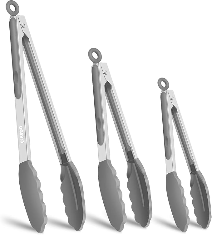 Kitchen Tongs, Stainless Steel Cooking Tongs with Silicone Tips, 600ºF High Heat-Resistant Non Scratch Locking Tongs for Cooking BBQ Grilling Air Fryer Pans, Set of 3(7" 9" and 12") Light Grey by EEKEDO