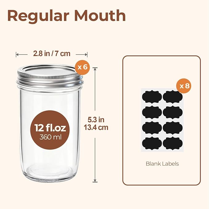 ComSaf 12 oz Mason Jars with Lids 6 Pcs, Regular Mouth Canning Jars with Seal Bands, 12 oz Glass Jar with lid for Soft Drinks, Juice, Jam, Jelly, Sauce, Dessert, Overnight Oats, Pickles - Image 2