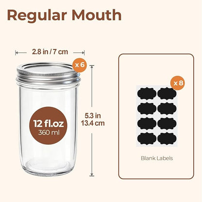 ComSaf 12 oz Mason Jars with Lids 6 Pcs, Regular Mouth Canning Jars with Seal Bands, 12 oz Glass Jar with lid for Soft Drinks, Juice, Jam, Jelly, Sauce, Dessert, Overnight Oats, Pickles - Image 2