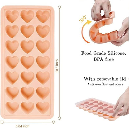 Heart-Shaped Ice Cube Trays With Lid- 21 Holes Silicone Fun Shape Ice Cube Tray, BPA Free and Dishwasher Safe, Mini Cute Shape Ice Cube Mold, Easy to Remove With Lid