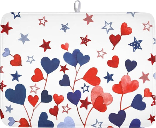 4th of July Dish Drying Mat for Kitchen Counter Patriotic Red Blue Star Love Heart Pattern Microfiber Dish Drainer Mat Independece Day Absorbent Washable Drying Pad Extra Large 18"x24"