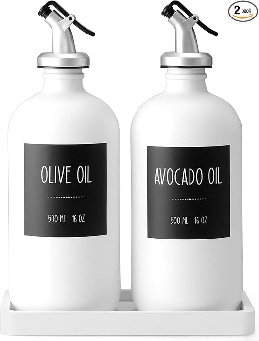 Olive Oil Dispenser Bottle for Kitchen, 16oz Glass Oil and Vinegar Dispenser Set with Wood Tray & 54 Labels - White Cooking Oil Bottles for Kitchen - Coffee Syrup Dispenser - Set of 2 by Unknown