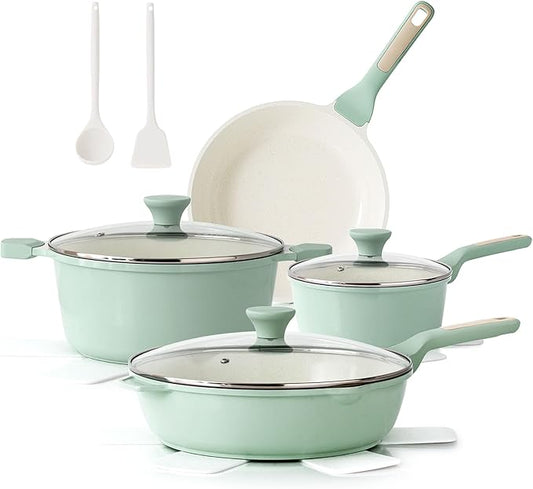 SENSARTE Nonstick Ceramic Cookware Set Large 13-Piece, Healthy Pots and Pans Set Dishwasher Safe, Non-toxic Kitchen Cooking Set with Stay-Cool Handles, Induction Compatible, PFAS Free, Green by SENSARTE