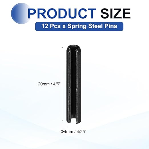 MECCANIXITY 120Pcs Slotted Split Roll Pins 4/25 Inch(4mm) Dia. 4/5 Inch(20mm) Length 65Mn Steel Spring Tension Expansion Dowels for Secure Fastening, Black