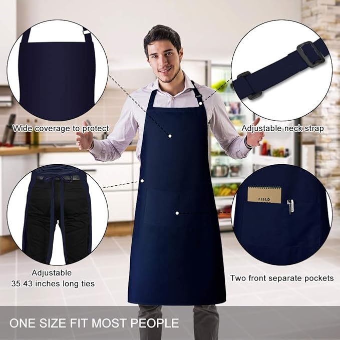 Jubatus 2 Pack 100% Cotton Aprons with 2 Pockets Cooking Chef Kitchen Adjustable Bib Apron for Women Men, Navy Blue - Image 2