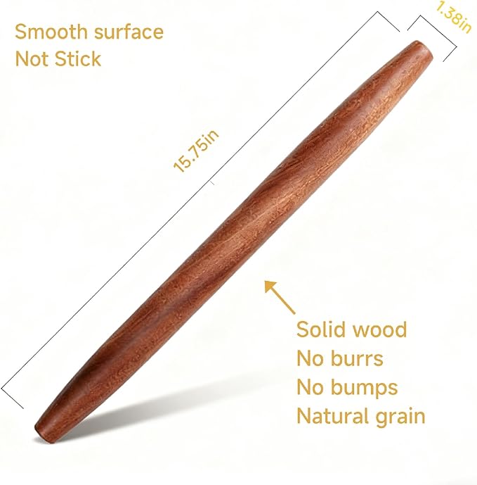French Rolling Pin,15.75 Inches Wooden Rolling Pin for Baking,Fondant,Dough Roller for Cookie,Pizza Pie Crust, Pastry, Dough, Essential Kitchen Utensil (Brown wood color) - Image 2
