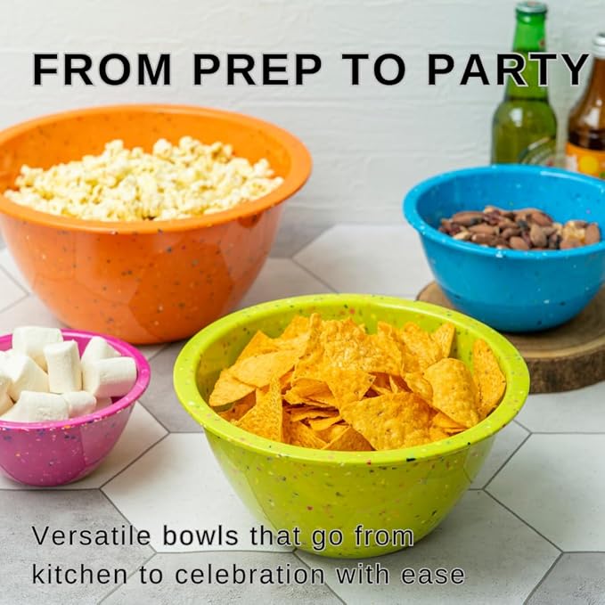 bzyoo Confetti Nesting Mixing Bowls Set - 4-Piece Colorful Kitchen Bowls (18oz, 1.25QT, 2.5QT, 4QT) - BPA-Free, Dishwasher Safe, Space-Saving Design Vibrant Color - Image 5