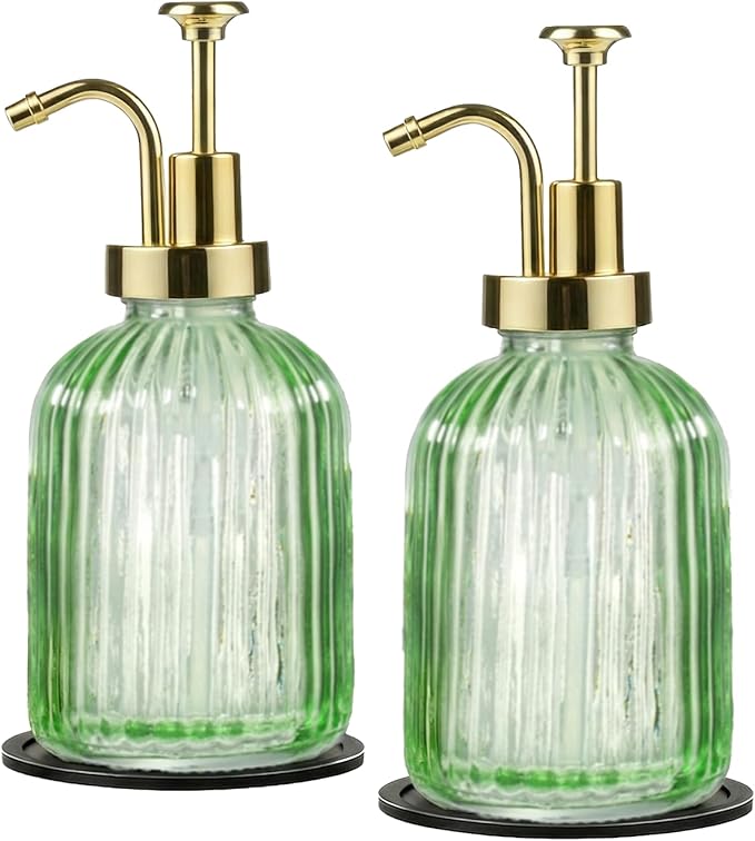 SheeChung Green Glass Soap Dispenser, 12 Oz Liquid Hand Soap Dispenser with Pump, Refillable Lotion Dish Soap Dispenser for Kitchen, Stripes Shampoo Bottle, Bathroom Countertop (Gold Pump, 2 Pack)
