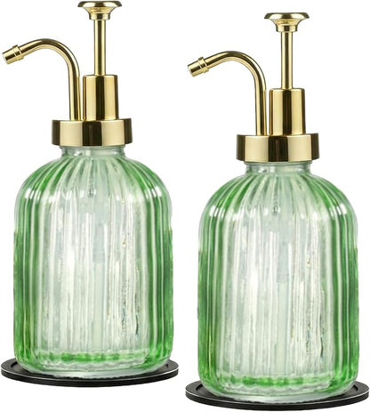 SheeChung Green Glass Soap Dispenser, 12 Oz Liquid Hand Soap Dispenser with Pump, Refillable Lotion Dish Soap Dispenser for Kitchen, Stripes Shampoo Bottle, Bathroom Countertop (Gold Pump, 2 Pack)