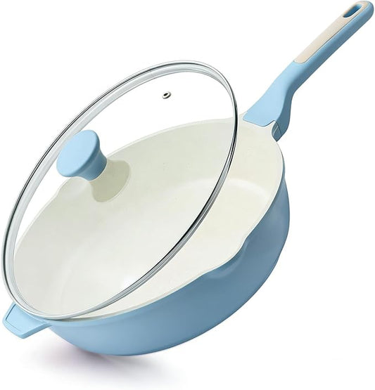 SENSARTE Nonstick Ceramic Skillet with Lid 12-inch, 5QT Non Toxic Deep Frying Pan, Saute Pan with Lid, Stay-cool Handle, Healthy Cooking Pot, Induction Compatible, Blue by SENSARTE