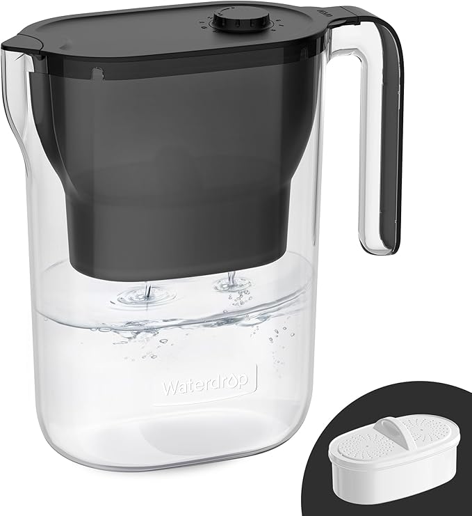 Waterdrop PT-05BL-L Water Filter Pitcher, 7-Cup, NSF Certified, 200-Gallon Long-Life Filter Purifier, Reduces Chlorine and PFOA/PFOS, for Countertop, Replaces 6,400 Plastic Water Bottles a Year, Black by Waterdrop