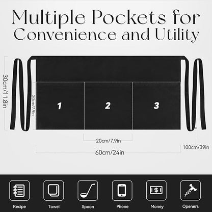NLUS 1 Pack Server Apron with 3 Pockets, Water Oil Stain Resistant Waitress Waiter Apron Black Waist Aprons Bistro Apron for Women Men, 24 X 12 inch