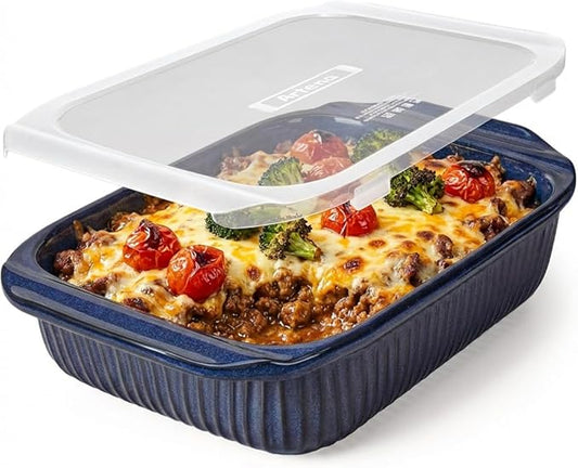 Artena Baking Dish 5.1 Quarts, Casserole Dishes For Oven, Baking Pan With Handles, Lasagna Pan Deep, Large Casserole Dish, Rectangular White Ceramic Bakeware, Blue (Baking Dish With Lids) by Artena