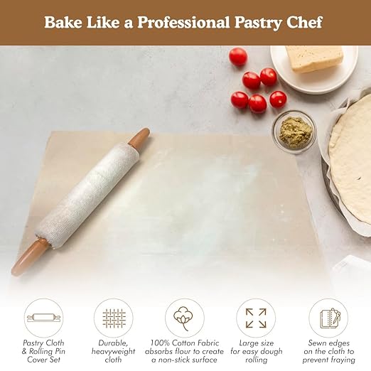 Regency Wraps Natural Pastry Cloth & Rolling Pin Cover Set, 100% Cotton Cloth & Pin Cover for Non-Stick Dough Rolling, 20x24" cloth with Sewn Edges ,15" Rolling Pin Cover