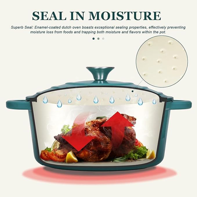 Overmont Enameled Cast Iron Dutch Oven - 5.5QT Pot with Lid Cookbook & Cotton Potholders - Heavy-Duty Cookware for Braising, Stews, Roasting, Sourdough Baking bottle green - Image 3