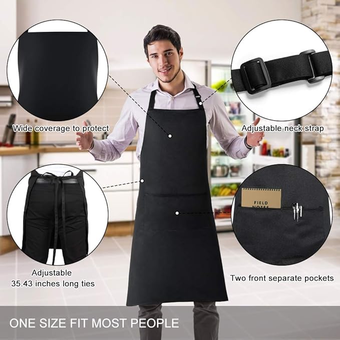 Jubatus 1 Pack Bib Aprons with 2 Pockets Cooking Chef Kitchen Apron for Women Men, Black - Image 2