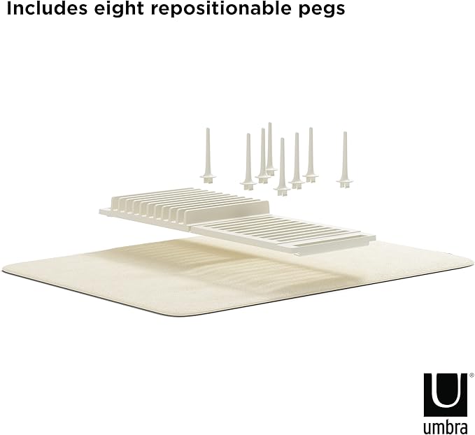 Umbra Udry Dish Rack with Movable Pegs and Microfiber Drying Mat – Space-Saving Design Folds Up for Easy Storage, Basic Rack, Linen - Image 5