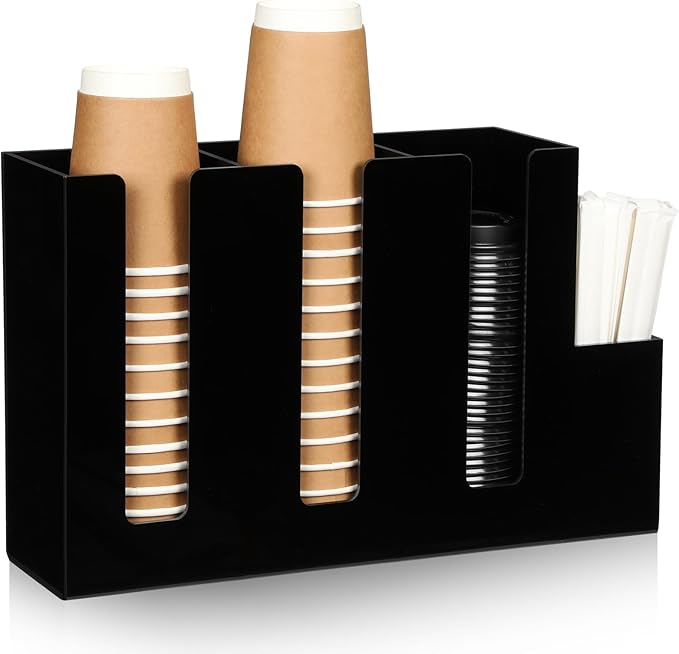 Cunhill 4 Compartments Acrylic Coffee Cup and Lid Storage Organizer Holder Disposable Paper Cup Dispenser Organizer Plastic Lid Holder Accessories for Kitchen Bar Shop Party Supplies(Black) by Cunhill