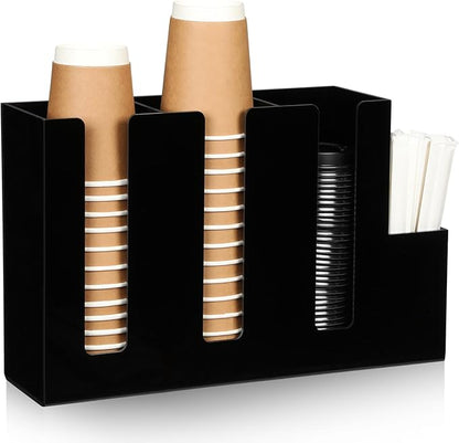 Cunhill 4 Compartments Acrylic Coffee Cup and Lid Storage Organizer Holder Disposable Paper Cup Dispenser Organizer Plastic Lid Holder Accessories for Kitchen Bar Shop Party Supplies(Black) by Cunhill