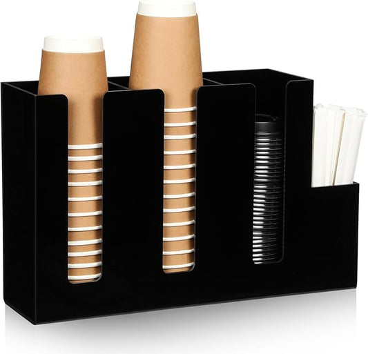 Cunhill 4 Compartments Acrylic Coffee Cup and Lid Storage Organizer Holder Disposable Paper Cup Dispenser Organizer Plastic Lid Holder Accessories for Kitchen Bar Shop Party Supplies(Black) by Cunhill