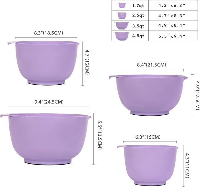 BoxedHome Nesting Plastic Mixing Bowl Set, 4 Piece Mixing Bowl Set with Pour Spouts, Size 1.7, 2.5, 3.5 and 4.5qt, for Prepping, Mixing, Baking, Cooking(2023 New Version, Purple) - Image 4