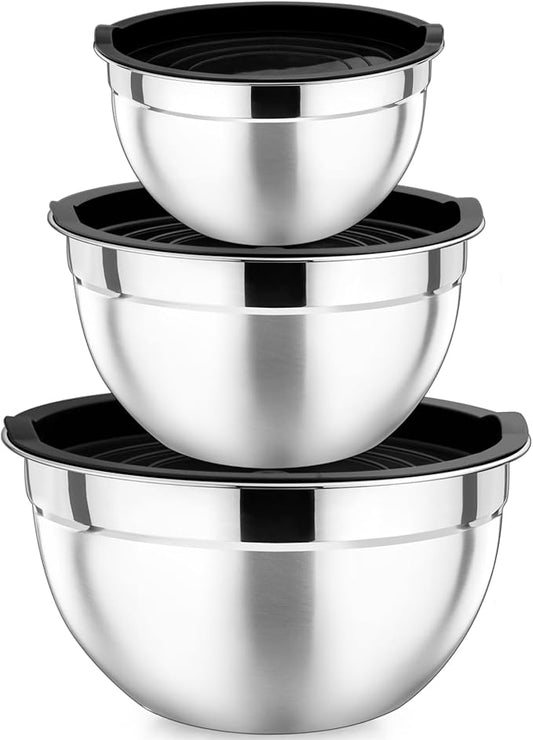 P&P CHEF Black Mixing Bowls with Lids, Set of 3, Stainless Steel Salad Nesting Bowl for Mixing, Storing, Prepping, Airtight & Stackable, Size 4.6/3 /1.5 QT by PPCHEF