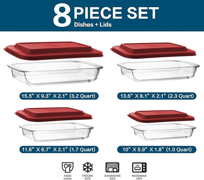 8-Piece Deep Glass Baking Dish Set with Plastic lids,Rectangular Glass Bakeware Set with Lids, Baking Pans for Lasagna, Leftovers, Cooking, Kitchen, Freezer-to-Oven and Dishwasher, Red - Image 2