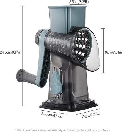 Rotary Cheese Grater, 3-in-1 Shredder for Cheese Vegetables Nuts with Hand Crank - Interchangeable Stainless Steel Blades, Strong Suction Base, Finger-Safe Design, BPA Free, Blue