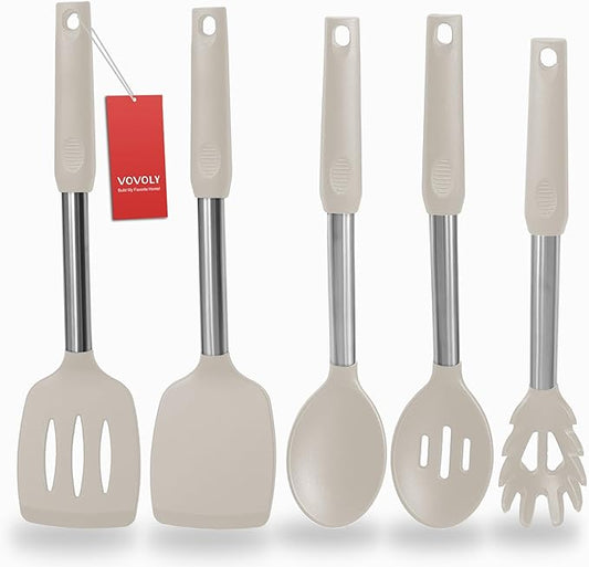 Silicone Spatula and Cooking Spoon,5 Pack Non-Stick Cooking Utensils for Kitchen，Heat Resistant Solid & Slotted Spoons and Spatulas, Stainless Steel Handle Coated with Silicone, Khaki by VOVOLY