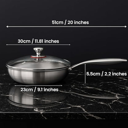 Titanium Hammered Pan Pro with Lid, PFAS/PFOA/PTFE-Free Non stick Titanium Frying Pan, Dishwasher & Oven Safe, Scratch Resistant, Even Heating Titanium skillet, Compatible With All Cooktops (12 inch)